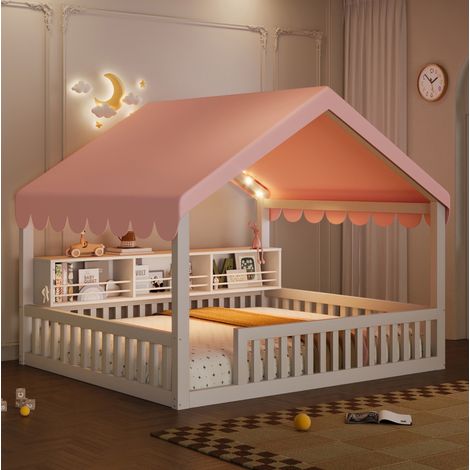 Hausbett 140x200 cm Weiß aus Holz mit Dach, LED-Beleuchtung, Bücherregal und Schutzgitter (1/5)