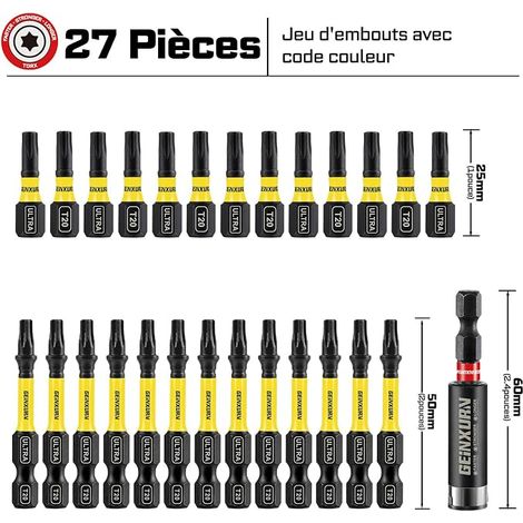 Torx Lot de 26 Embouts de Vissage T20 25mm 50mm, Jeu d'embouts Magnétique pour Visseuse Tournevis Tige Hexagonale 1/4" S2 en Acier Allié avec 1 Porte-embout de 60mm (1/4)