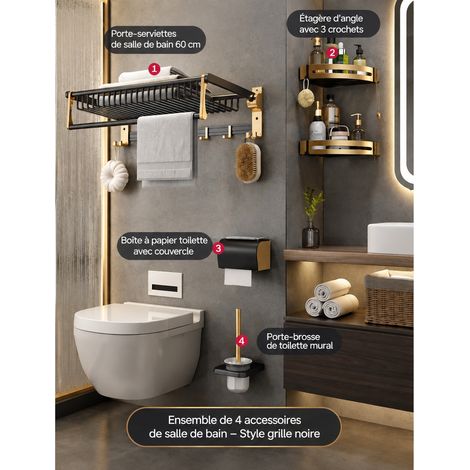 Porte-serviettes mural salle de bain noir et or ensemble 4 pièces avec panier en filet pliable style luxe discret 800 g – Livraison gratuite