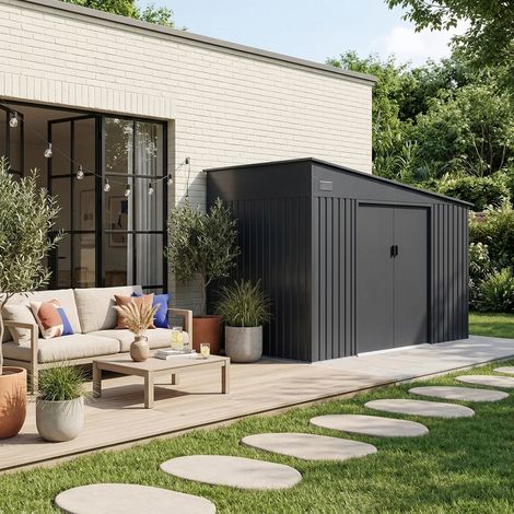 Abri de jardin adossable acier galvanisé 11.01 m² avec kit d'ancrage anthracite - Santerre (1/5)
