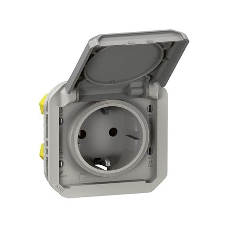 LEGRAND, PLEXO NEW 069570L PRISE POUR PIÈCES HUMIDES STANDARD SCHUKO AVEC COUVERCLE À CHARNIÈRE, PROTECTION ANTI-CONTACT, BORNES