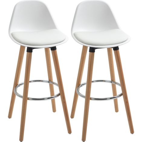 Ensemble de 2 tabourets de bar de style nordique avec dossier, coussin et repose-pieds, en bois et plastique, blancs (1/5)