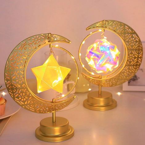 Lampe Lune En Fer - À Led Chaude - Fonctionne Sur Piles - Rotative 360° - Décoration De Table Pour Chambre - Avec Accents Étoilés (1/2)