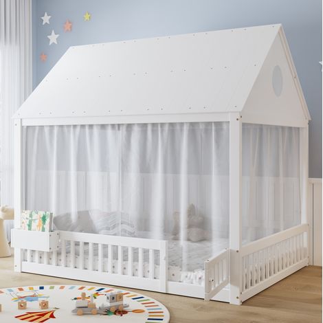 Letto bambini 140x200 cm con rete a doghe, tende bianche e vano portaoggetti, bianco, materasso non incluso (1/5)