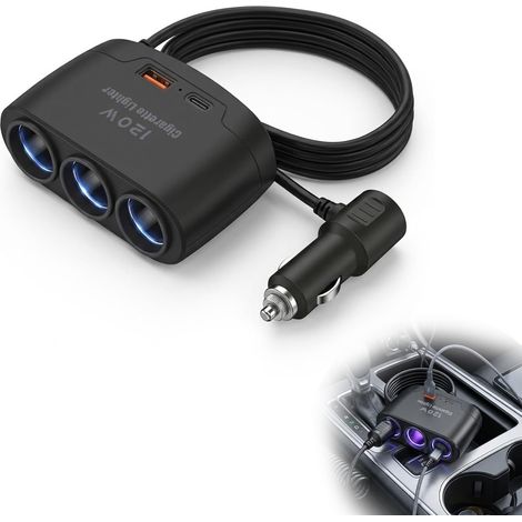 Kindfiber OÜ-120W Prise Allume Cigare 12V 24V, 5 en 1 Allume-Cigare de Voiture à Prise, Adaptateur avec 3 Prises Allume pour Tablette GPS Phone Dash Cam (1/5)