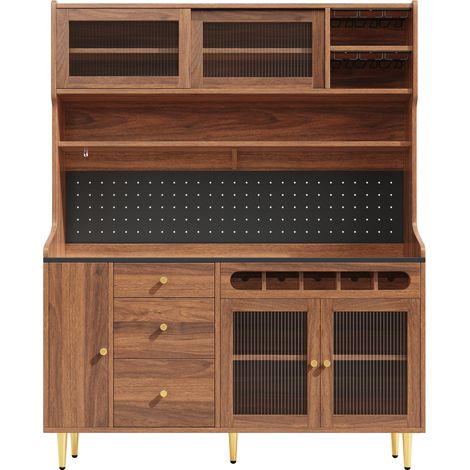 Hochschrank mit LED, verstellbaren Böden und Flaschenregal, 145x39x171 cm, Nussbaum (1/5)
