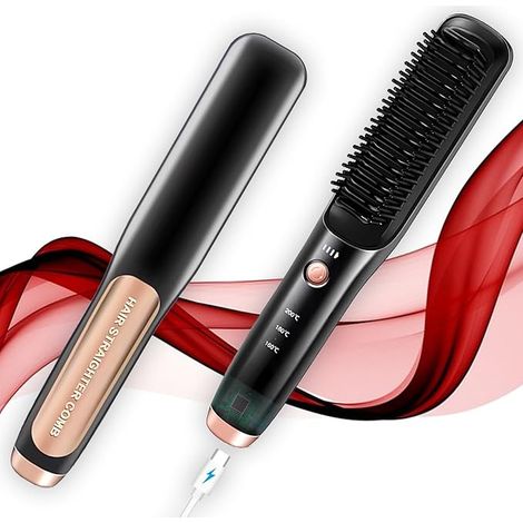 Brosse lissante sans fil rechargeable USB-C, peigne chauffant anti-brûlure, lisseur de cheveux portable pour femme, batterie longue durée, noir brillant, voyage (1/5)