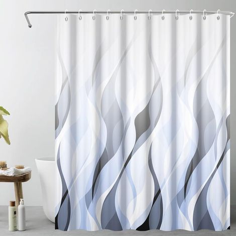 Rideau de Douche Bleu Clair 280 x 200 cm, Ensemble de Rideaux de Douche Modernes à Rayures ombrées Bleues et Grises abstraites, Rideaux de Bain en Polyester imperméable avec Crochets (1/5)