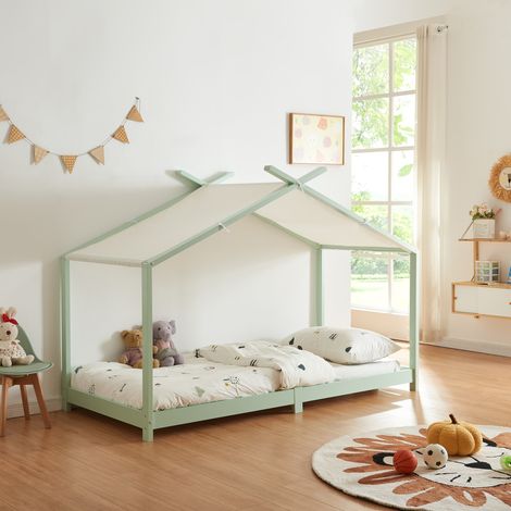 Cama para niños Brome Forma casita con techo pino 90 x 200 cm - Verde y Blanco [en.casa]