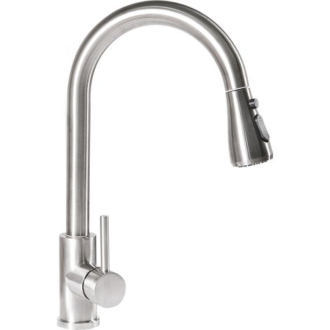Grifo de cocina moderno con rociador extraíble mezclador de acero inoxidable acabado mate caño giratorio plateado Paimun
