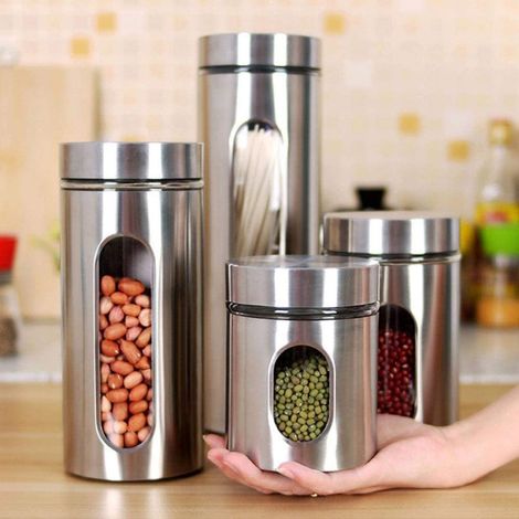 TrAdE Shop Traesio - Set 4pz Contenitori Per Alimenti In Acciaio Per Tè Caffè Spezie Biscotti Zucchero - (1/2)
