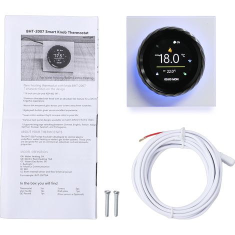 Thermostat WiFi intelligent chauffage électrique 16A – Programmable numérique écran 1,6" jour/semaine/température/humidité verrouillage enfant plancher chauffant noir+blanc (1/5)