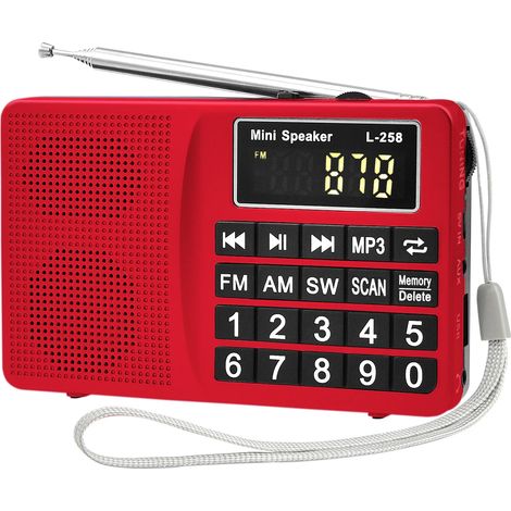 (Rouge) Radio AM/MW/FM/SW avec emplacement pour carte TF, interface USB et entrée AUX, gros boutons.