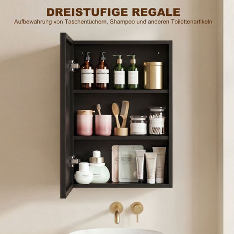 Meuble vasque miroir pour salle de bain, 3 tablettes, acier inox, 40x12x60 cm, noir