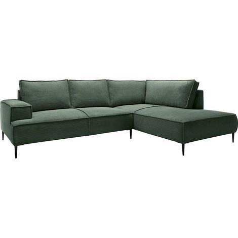 Vente-Unique – Canapé d'angle droit 5 places en velours côtelé vert sapin – Piètement métal noir – Déhoussable – Confort optimal – Fabriqué en Europe (1/5)