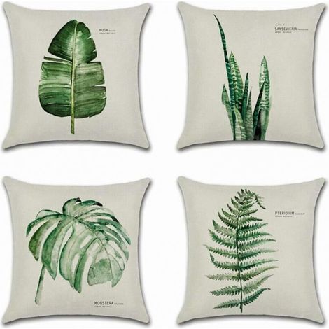Set mit 4 Kissenbezügen 45x45cm Baumwoll-Leinen-Dekorations-Autokissenbezug Sofa-Heimkissenbezüge (einfaches grünes Blatt)