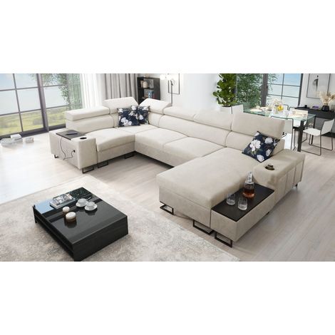 Großes Ecksofa für das Wohnzimmer mit Bar und Schlaffunktion MELODY IV MINI Tauro/Freya Beige/Dunkel (1/5)