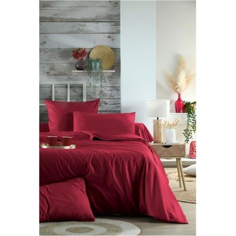 Housse de couette en percale de coton uni 140 x 200 cm Elysée rouge (1/3)
