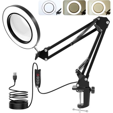 Lampada da scrivania con lente d'ingrandimento a LED, ingrandimento 10x, 3 modalità di colore, 10 livelli di luminosità, colore nero. (1/5)