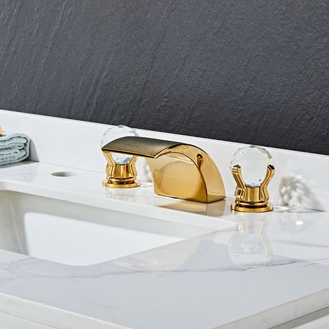 Robinet de salle de bain cascade chaud et froid en titane à trois trous avec poignée en boule de cristal (1/5)