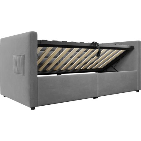 Lit canapé rembourré 90x190 cm, canapé-lit simple avec espace de rangement hydraulique et station de charge USB & Type-C, lit d’appoint avec sommier à lattes en bois, gris, velours, sans matelas. (1/5)