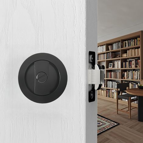 Verrou de porte de poche, quincaillerie pour porte de poche carrée, serrure de porte coulissante invisible sans clé (distance de 7,4 cm), serrures de porte de poche encastrées (noir mat, rond) (1/5)