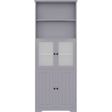 Meuble colonne de salle de bain 57.4 x 28.5 x 160cm avec rangement, finition entièrement laquée, porte vitrée, porte en bois, deux niches ouvertes, cloisons réglables, texture simple, gris (1/5)