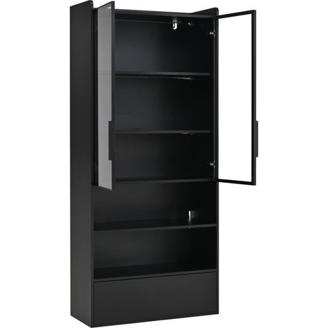 Vitrina alta 80 x 34 x 180 cm con 1 cajón, puertas de vidrio, LED, negro, MODENUIT (1/5)