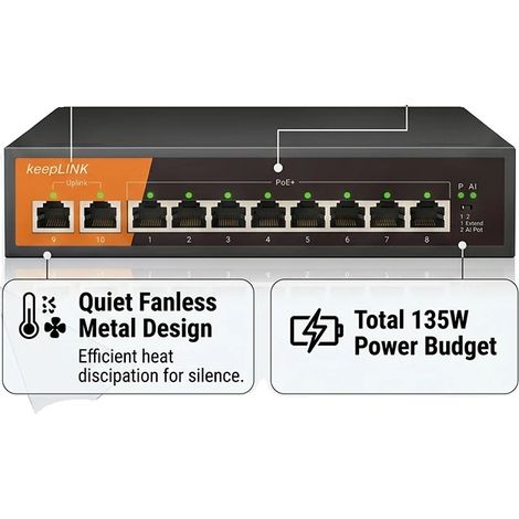 Commutateur PoE Gigabit, 10 Ports, Budget Énergétique de 135W, 8xGbE PoE 2xGbE (1/2)