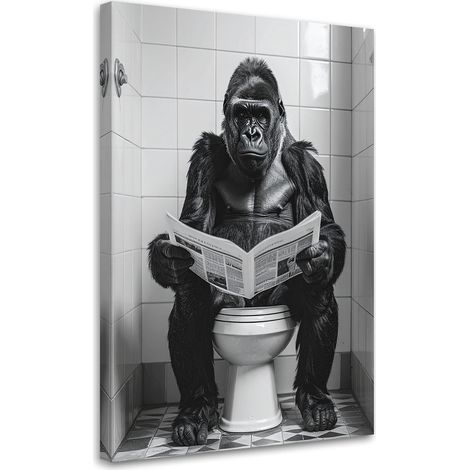 Tableau déco Singe drôle dans les toilettes gorille lisant le journal noir et blanc 40x60 (1/4)