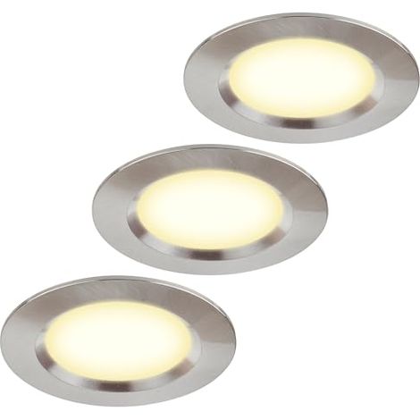 [NIEMALS VERWENDET] 3er Set Möbelleuchte 12V ultra flach 3W LED-Einbaustrahler 55mm Lochausschnitt mit 1.7M Kabel IP44 Deckenspot für Spiegelschränke, Vitrinen, Möbel und Schränke (Edelstahl Gebürstet