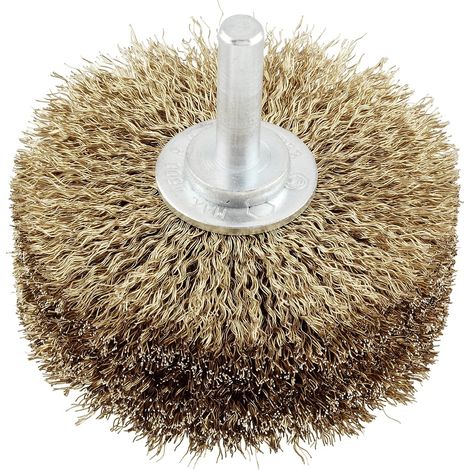 Brosse à structure bois, revêtue de laiton, fine, ondulée, fil d'acier HSS, Ø 80 mm pour le métal et le bois, brosse métallique pour perceuse, y compris tige hexagonale E6.3 (1/3)