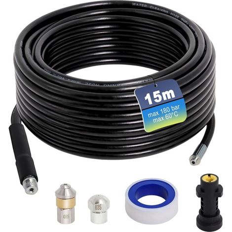 Vtizikl Tuyau de vidange 15 m, Karcher furet, compatible avec les nettoyeurs haute pression Karcher K2, K3, K4, K5, K6, K7, 180 Bar 60 °C (1/4)