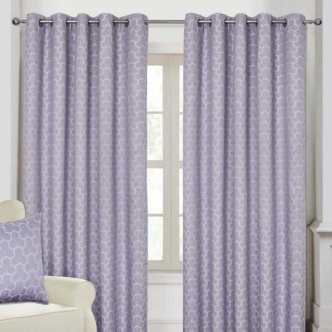 HOMESCAPES Lilac Geometric Jacquard Blackout Eyelet Curtain Pair, 90 x 72"