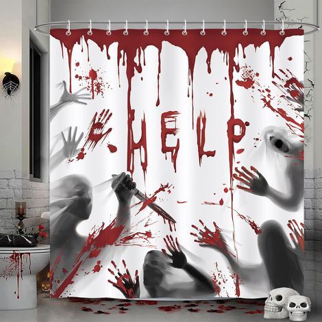 2-teiliger Halloween-Duschvorhang, blutiges Handabdruck-Design, aus schimmelresistentem Polyester, wasserdicht und waschbar, 180 x 180 cm, mit 24 Badhaken. (1/5)