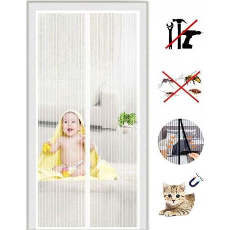 Moustiquaire Porte à Fermeture Aimantée, Rideau de Porte Anti Mouche, Fermeture Auto, Kit d'Installation, Bande Adhésive 120x220CM Blanc (1/4)