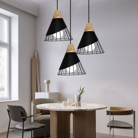 – Lot de 3 lustres industriels en métal et bois Ø25cm – Abat-jour créatif en forme de badminton – Culot E27 pour chambre, salon, cuisine – Noir (1/5)