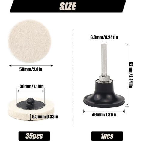 35 Pièces 2 Pouces 50mm Wool Felt Polishing Wheel Disc avec 1 Disque et 1 Poignée hexagonale de 6 mm de Tigepour Outil Rotatif pour Les Projets De Nettoyage Et De Polissage (1/4)