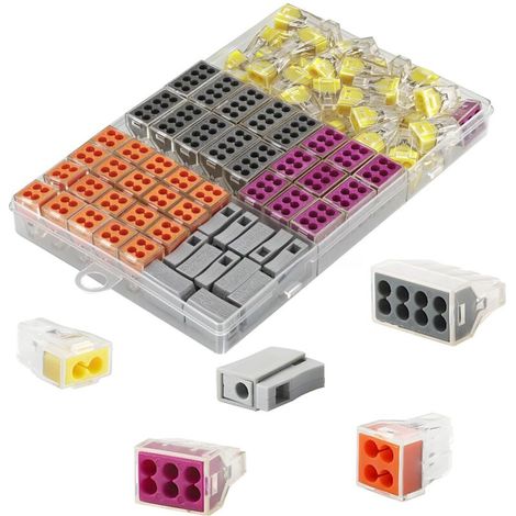 92Pcs Mini Bornes de Connexion, Bornes De Connexion Rapide,Splicing Connecteur S273 pour Fils Rigides 40 x 2 entrées + 20x 4 entrées + 10x 6 entrées + 10x 8 entrées + 12 x 1 entrées (1/5)