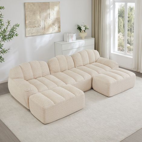 Divano modulare a U 3 posti con 2 ottomani, 32D, beige bianco DESVIAE (1/5)