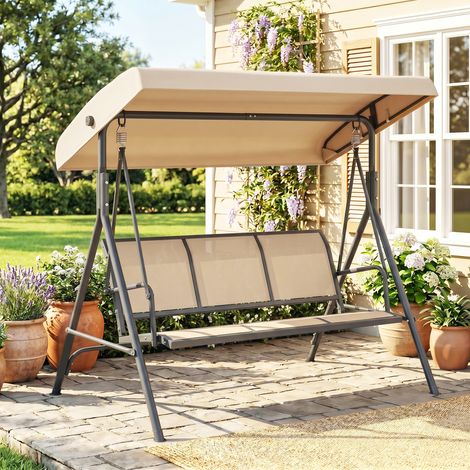 Balancelle de jardin 3 places avec auvent, siège respirant et structure en acier, beige (1/5)