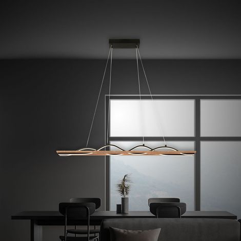 Briloner Vinka Lampe LED suspendue, décor bois, forme de vague, lumière blanche chaude, noir-bois, 98 x 11 x 120 cm (1/5)