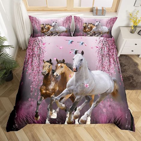 Parure de lit 2 pièces avec housse de couette et taies d'oreiller Motif cheval et fleurs de cerisier 135 x 200 cm Motif cheval galopant (1/5)