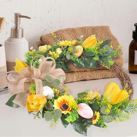 Couronne de Pâques avec œuf artificiel, nœud papillon, guirlande de tulipes printanières et pendentif décoratif pour la maison, les fêtes et la porte d'entrée. Cadeau idéal pour les fêtes. (1/4)