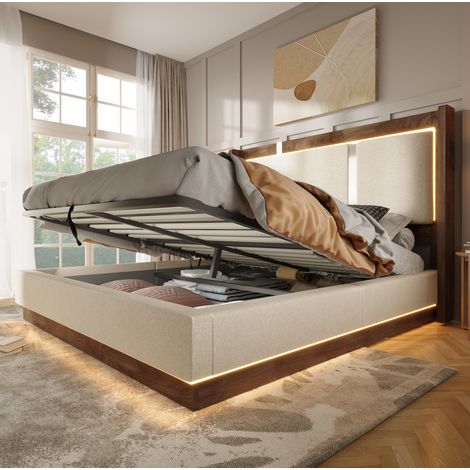 Cama doble con almacenaje (209x156x110 cm), cabecero tapizado, LED integrado, madera y metal, beige (1/5)