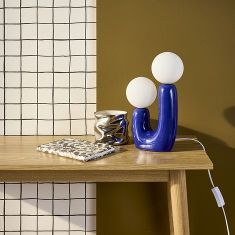 Lampe de table organique céramique bleu et verre blanc H 31cm - Deva (1/5)