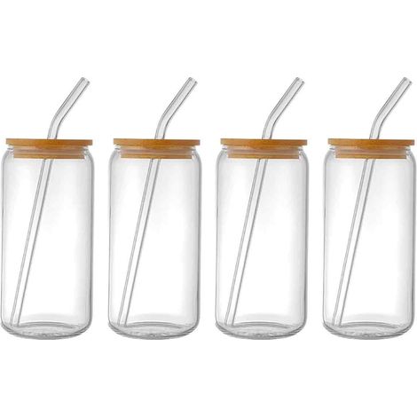 4 Verres, Verre à boire, Couvercle en bambou, Paille en verre, 16oz, Forme canette, Café glacé, Bière, Cocktail (1/5)