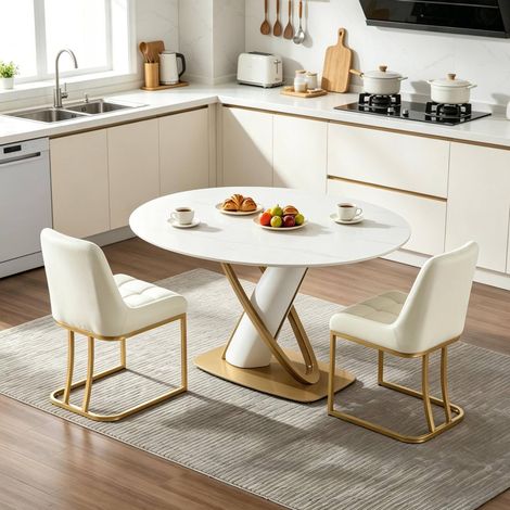 Set di 2 sedie da pranzo imbottite, schienale ergonomico, gambe in metallo dorato, velluto beige (1/5)