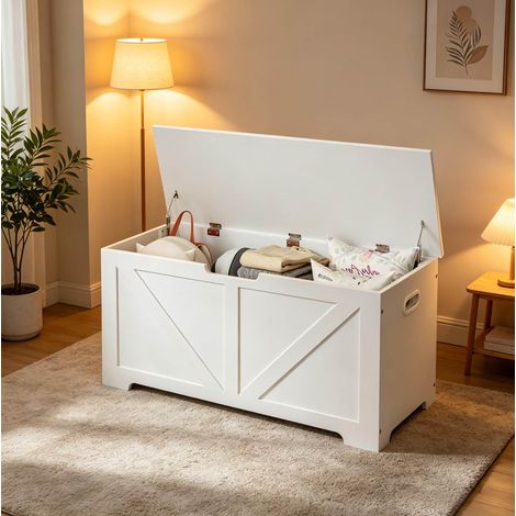 Panca portascarpe 100x40x47 cm bianca con vano nascosto, struttura in legno, 76 L MEUBLIV (1/5)