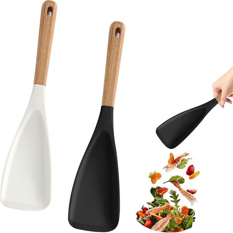 Juego de 2 cucharas de cocina para utensilios antiadherentes, espátula de silicona, espátula para pescado con mango de madera, espátula de goma con forma de pico de pato, aleta ancha y fina. (1/4)